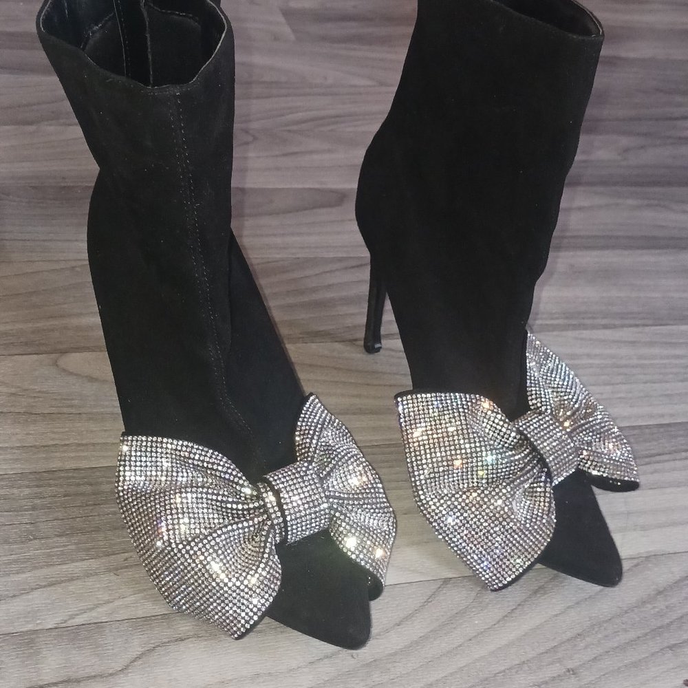 ❤️ Black Ankle Boots Rhinestone Bow